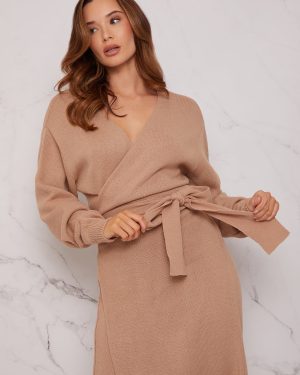 V Neck Wrap Jumper Dress in Beige - S