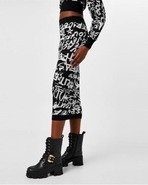 VERSACE JEANS COUTURE Graffiti Midi Skirt - Black