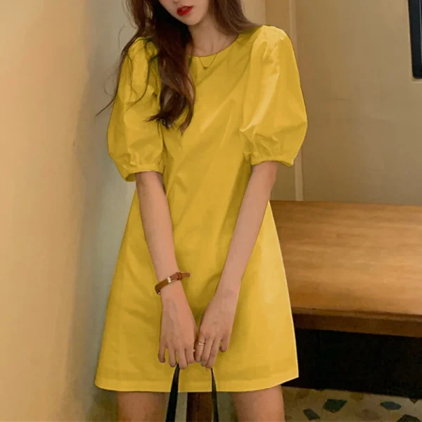 VONDA Womens Casual Round Neck Shirt Dress Puff Sleeve Short Dress A Line Solid Tunic Mini Dresses Plus Size