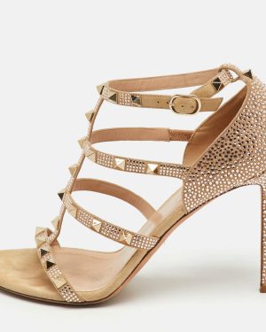 Valentino Beige Suede Crystal Embellished Rockstud Caged Sandals Size 40