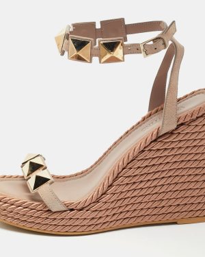 Valentino Beige Suede Roman Stud Platform Wedge Sandals Size 38