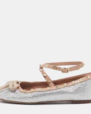 Valentino Beige/Silver Leather Crystal Embellished Rockstud Ballet Flats Size 39.5