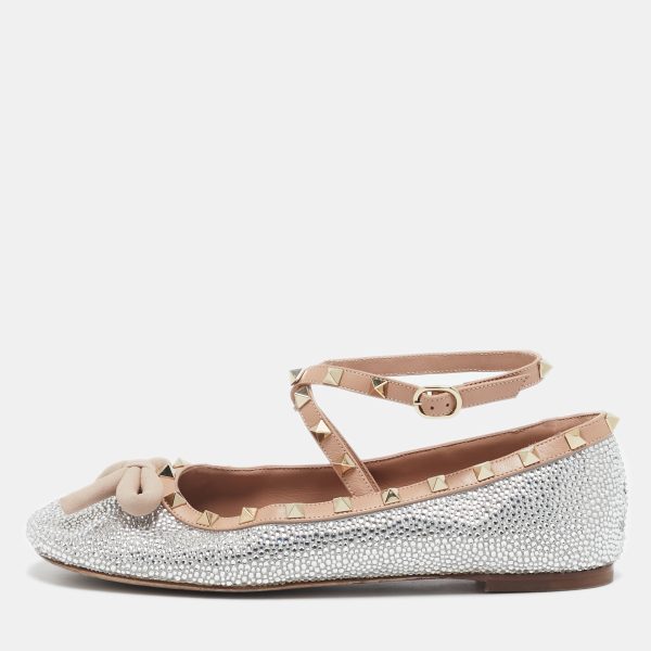 Valentino Beige/Silver Leather Crystal Embellished Rockstud Ballet Flats Size 39.5