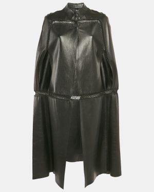 Valentino Black Crochet Trim Leather Cape Coat M