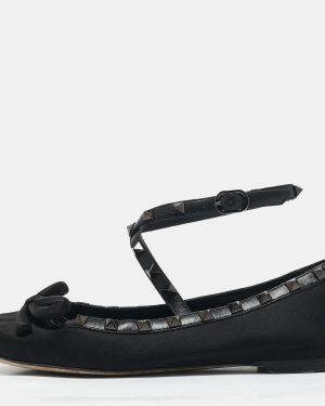Valentino Black Satin Bow Rockstud Ankle Strap Ballet Flats Size 36