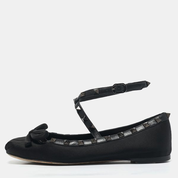 Valentino Black Satin Bow Rockstud Ankle Strap Ballet Flats Size 36
