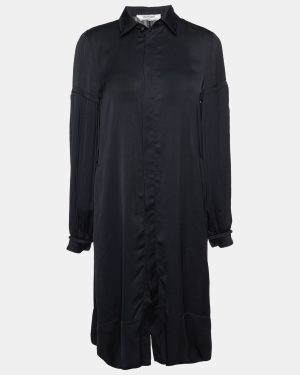 Valentino Black Satin Pleated Sleeve Shirt Dress M