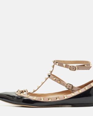 Valentino Black/Beige Patent Leather Rockstud Caged Ballet Flats Size 41.5