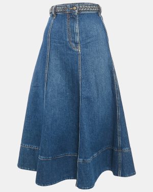 Valentino Blue Denim Braid Detail Waist Midi Skirt S