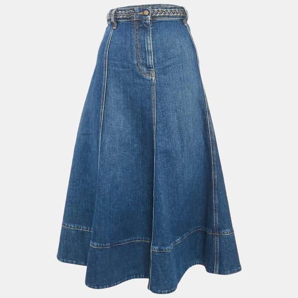 Valentino Blue Denim Braid Detail Waist Midi Skirt S
