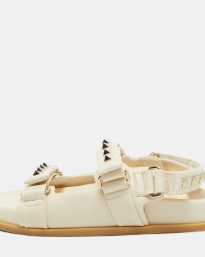 Valentino Cream Leather Rockstud Flat Sandals Size 36.5