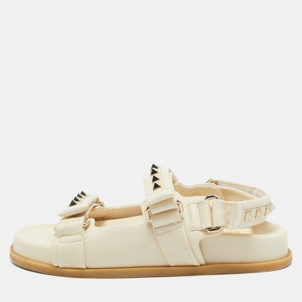 Valentino Cream Leather Rockstud Flat Sandals Size 36.5