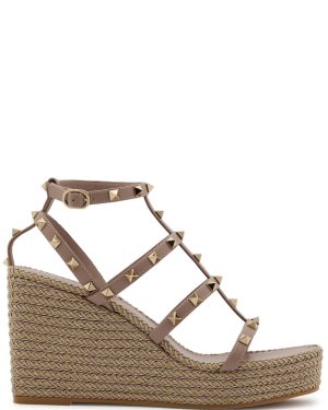 Valentino Garavani Rockstud 100 Leather Wedge Espadrilles - Nude - 40 (IT40 / UK7)
