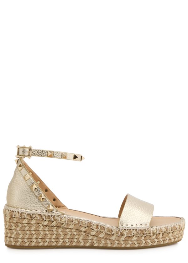 Valentino Garavani Rockstud 50 Metallic Leather Wedge Espadrilles - Gold - 38 (IT38 / UK5)
