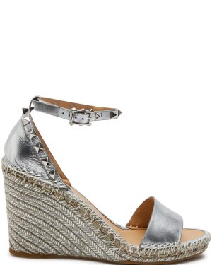 Valentino Garavani Rockstud 95 Leather Wedge Espadrilles - Silver - 4