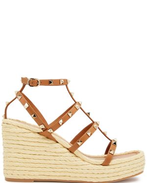 Valentino Garavani Rockstud 95 Leather Wedge Espadrilles - Tan - 37 (IT37 / UK4)