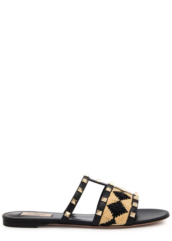 Valentino Garavani Rockstud Raffia Sliders - Black - 37 (IT37 / UK4)