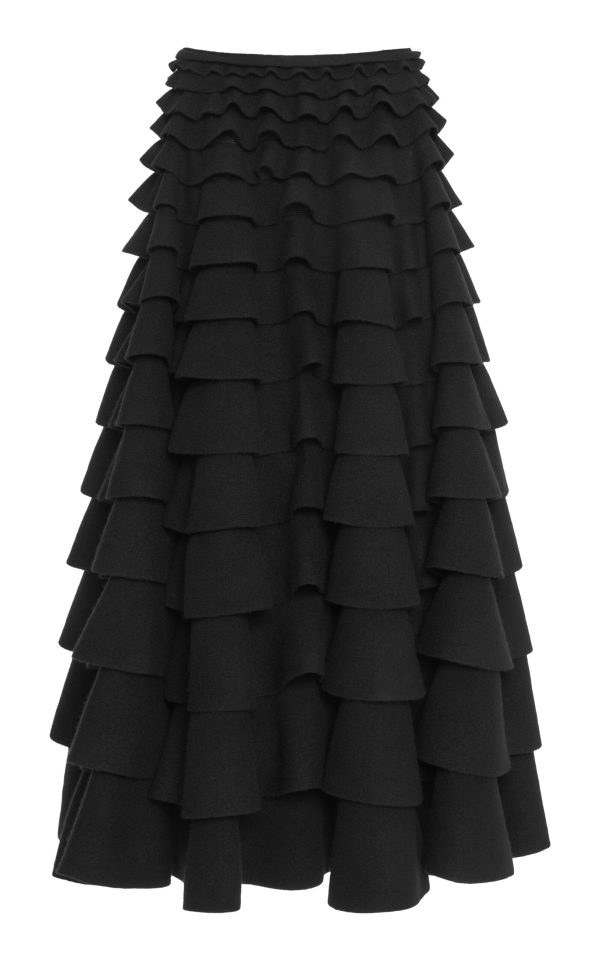 Valentino Garavani - Tiered Ruffle Wool-Blend Midi Skirt - Black - M - Moda Operandi