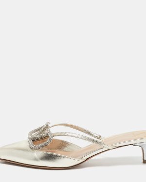 Valentino Gold Leather Crystal Embellished VLogo Mules Size 38.5