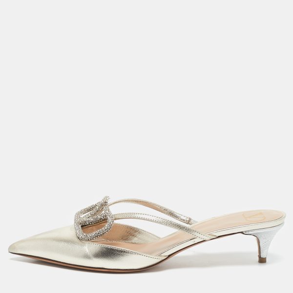 Valentino Gold Leather Crystal Embellished VLogo Mules Size 38.5