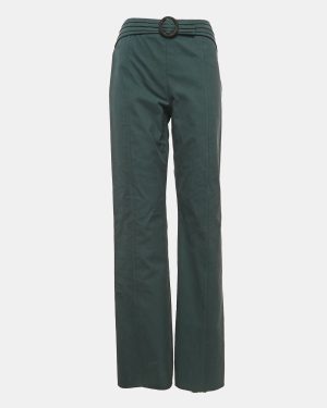 Valentino Green Cotton Gabardine Buckle Detail Wide-Leg Trousers L