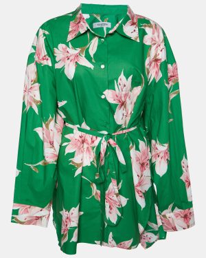 Valentino Green Floral Print Cotton Belted Shirt Dress L