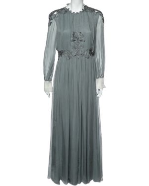 Valentino Grey Crepe de Chine Silk Embellished Maxi Dress L