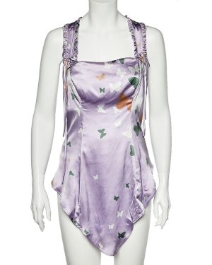 Valentino Lilac Butterfly Printed Silk Satin Asymmetric Hem Camisole M