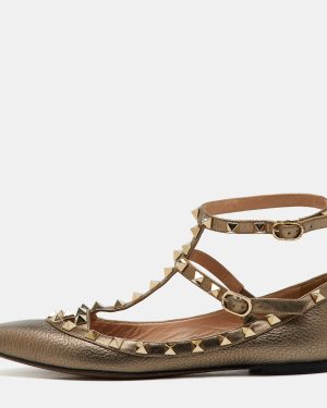 Valentino Metallic Leather Rockstud Ankle Strap Ballet Flats Size 38