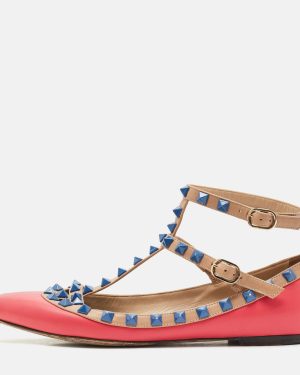 Valentino Pink/Beige Leather Rockstud Ankle Strap Ballet Flats Size 37