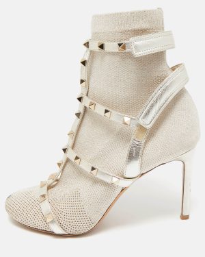 Valentino Silver/Grey Leather and Glitter Fabric Rockstud Accents Sock Boots Size 38