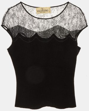 Valentino Vintage Black Wool Knit Lace Trim Top L
