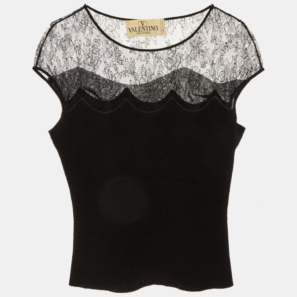 Valentino Vintage Black Wool Knit Lace Trim Top L
