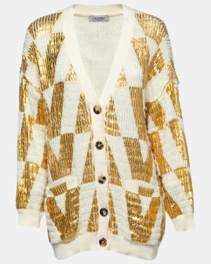 Valentino White & Gold Coated Wool Knit Oversized Cardigan XS