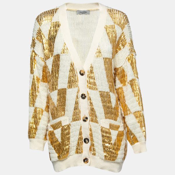 Valentino White & Gold Coated Wool Knit Oversized Cardigan XS