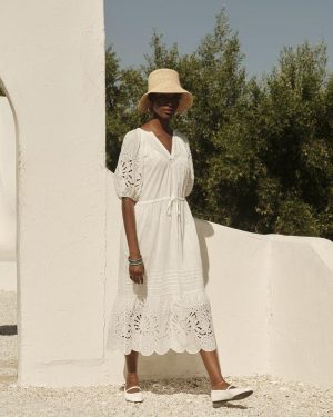 Velvet By Graham & Spencer Nadia Embroidered Cotton Lace Dress Ecru Size L
