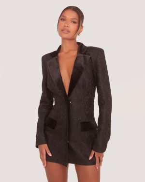 Velvet Contrast Cinched Waist Blazer Dress In Black Lace, Women's Size UK 8