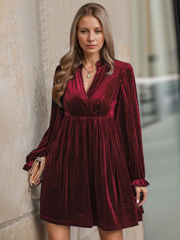 Velvet Dress Burgundy V-Neck Long Sleeves Winter Chic Layered Knee Length Mini Dresses
