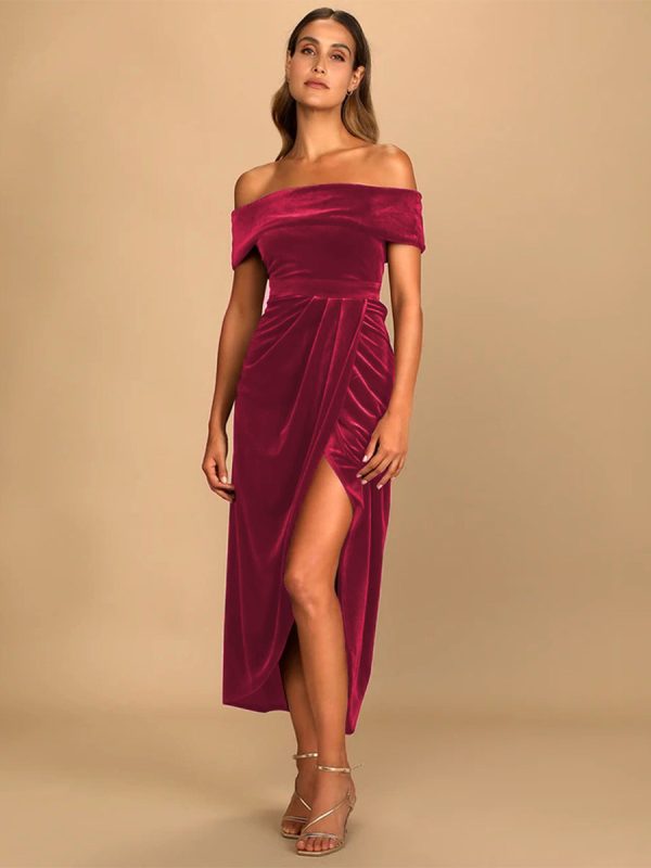 Velvet Maxi Dress Off Shoulder High Slit Pleated Cocktail Prom Dresses In Burgundy