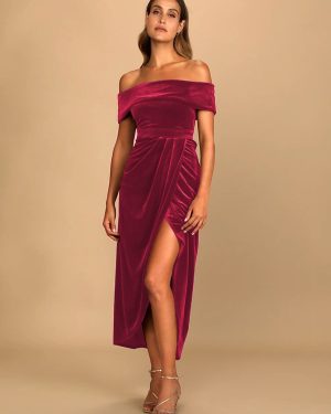 Velvet Maxi Dress Off Shoulder High Slit Pleated Cocktail Prom Dresses In Burgundy