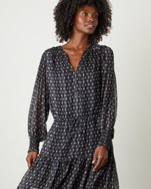 Velvet Tees Anastasia Printed Lurex Stripe Dress In Black - Large | Woven Metallic Thread