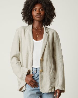 Velvet Tees Cassie Linen Blazer In Beige - Medium | Front Patch Pockets