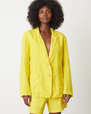Velvet Tees Cassie Linen Blazer In Yellow - Small | Front Patch Pockets