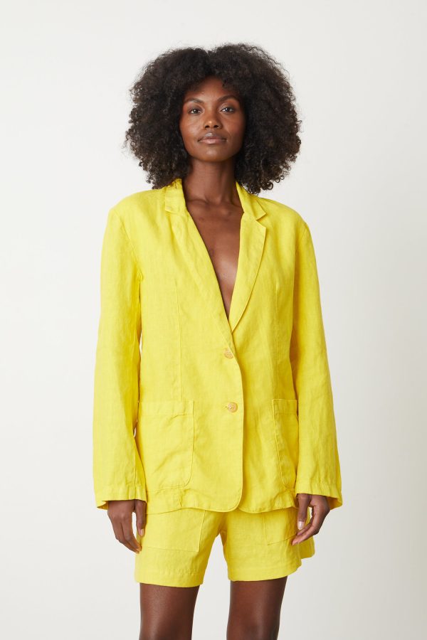 Velvet Tees Cassie Linen Blazer In Yellow - Small | Front Patch Pockets