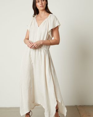 Velvet Tees Debbie Woven Linen Maxi Dress In Beige - Medium | Drawstring Belt