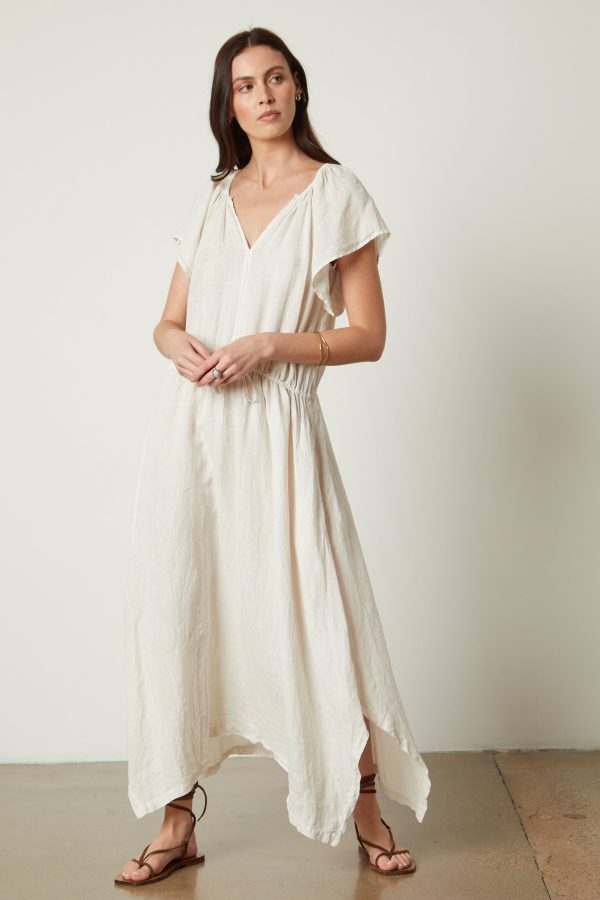 Velvet Tees Debbie Woven Linen Maxi Dress In Beige - Medium | Drawstring Belt