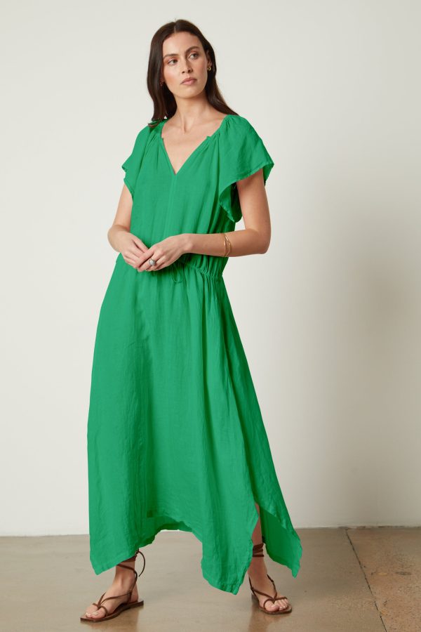 Velvet Tees Debbie Woven Linen Maxi Dress In Green - Size L | Scooped Hemline