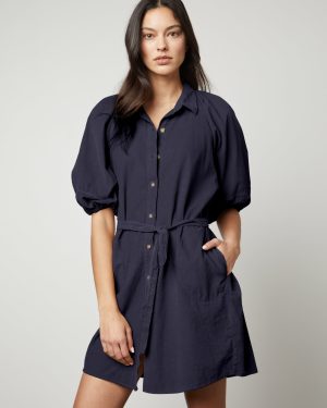 Velvet Tees Kady Button Up Dress In Dark Blue - Large | 100% Cotton