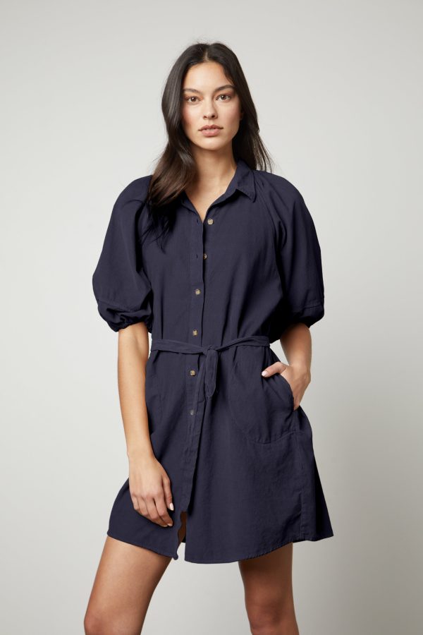 Velvet Tees Kady Button Up Dress In Dark Blue - Large | 100% Cotton