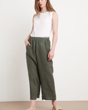 Velvet Tees Lola Woven Linen Cropped Trousers In Dark Green - Size XS | Relaxed Leg